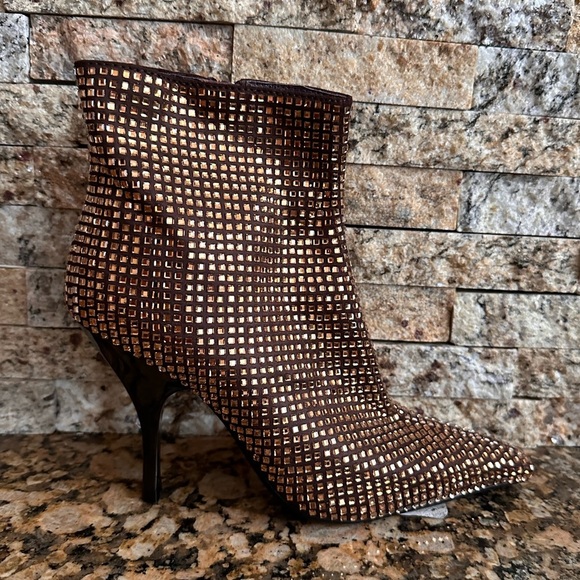 Jeffrey Campbell Shoes - Jeffrey Campbell "Glammed" booties in bronze w/rhinestones over satin